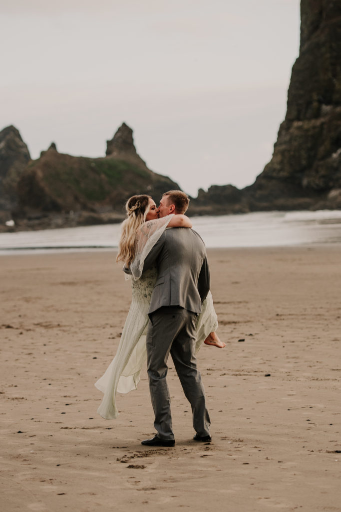 cannon beach sunset bride and groom photos, best west coast elopement locations, 