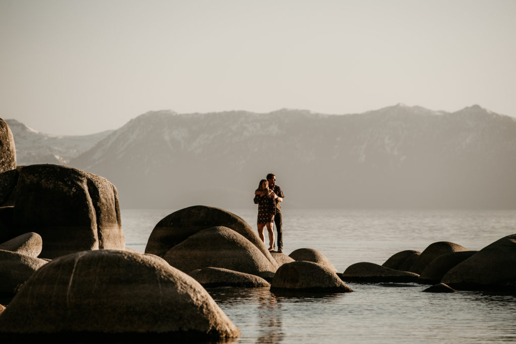 Lake Tahoe Engagement Session at secret cove during sunset