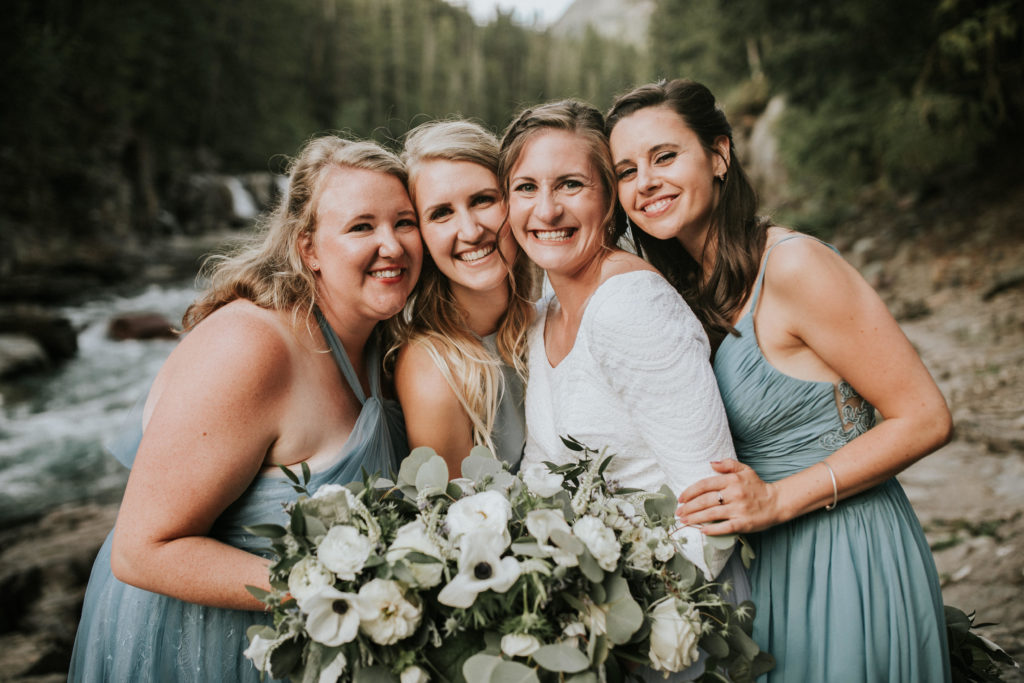 Glacier National Park wedding, dusty blue bridesmaid dresses