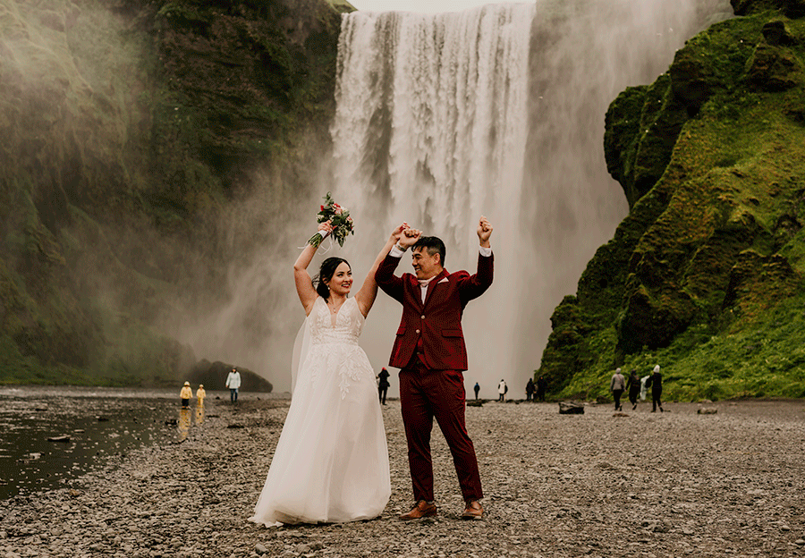 Best of 2022 elopement & wedding photography, Iceland elopement photography at Reynisfjara black sand beach. Elopement photos taken at Skogafoss waterfall. 
