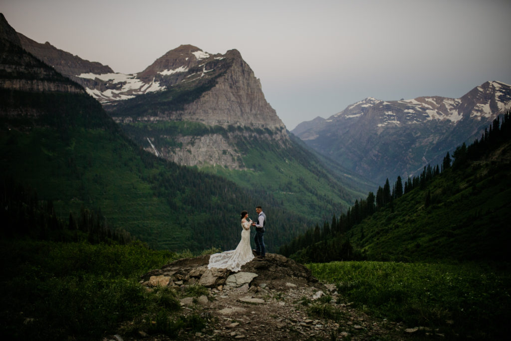 Glacier National park ceremony locations. Couple gets married at Big Bend in Glacier National Park. Bride and groom elope in a National park.