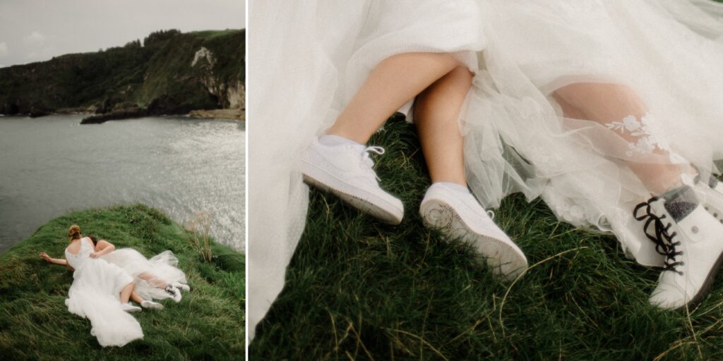 How to elope in Northern Ireland. Two brides get married at Kinbane Castle. Drone photos of Kinebane Castle while two brides get married.