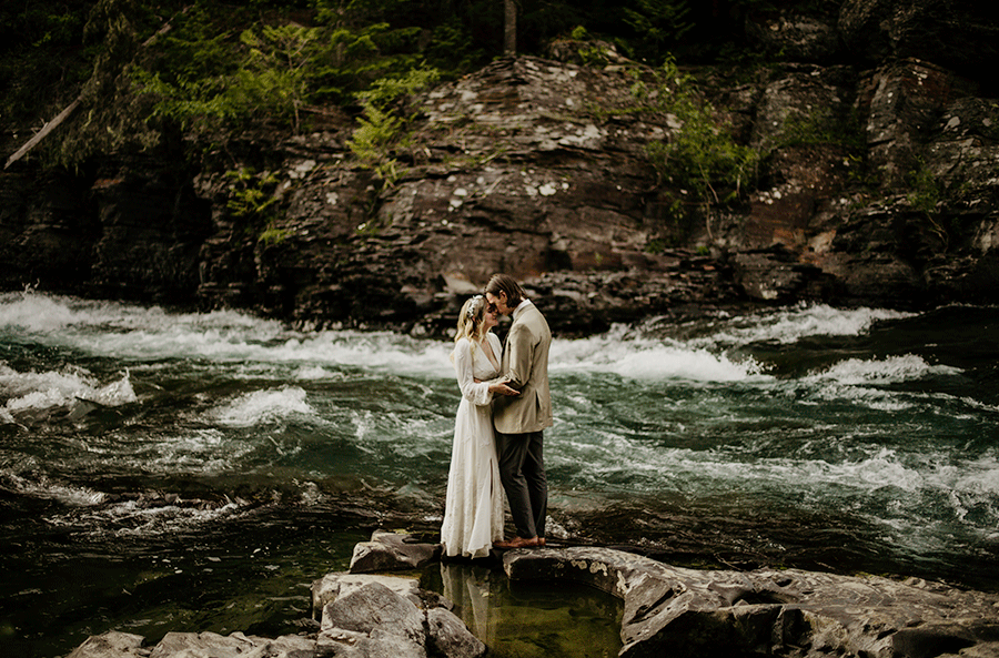 Glacier National Park micro wedding. Wedding photos on Lake McDonald. The best place for photos in Glacier National Park. Cascade Falls. A little hidden gem location in Glacier! 