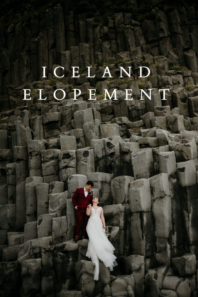 Black sand beach wedding photos! During their Iceland elopement at Reynisfjara, a bride and groom explored the lupine fields of Iceland. Iceland is a one of a kind and adventurous elopement location and MUST be explored! If you're wondering how to elope in Iceland, see how these two did it! 
