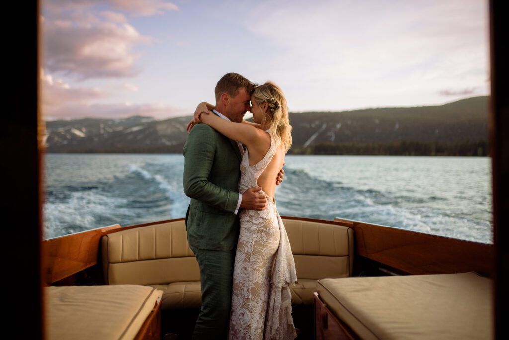 We keep having kickass elopements in epic pockets of the lake such as this adventure elopement in Lake Tahoe at Monkey Rock.

Hiking elopement in Lake Tahoe finished with a sunset boat cruise on the lake! 

The perfect wedding activity for Lake Tahoe is a sunset boat cruise on the lake with your micro wedding guests!