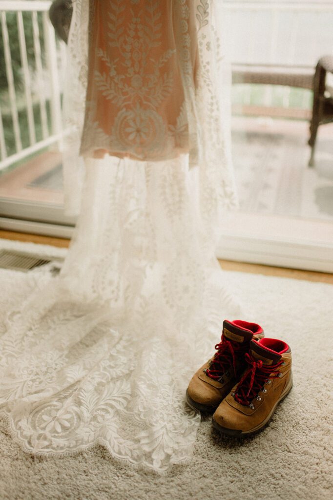 Many Glacier Hotel Micro Wedding lace wedding dress with hiking boots