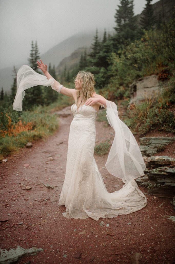 Many Glacier Lodge Micro Wedding bride free beautiful wedding dress billowing sleeves