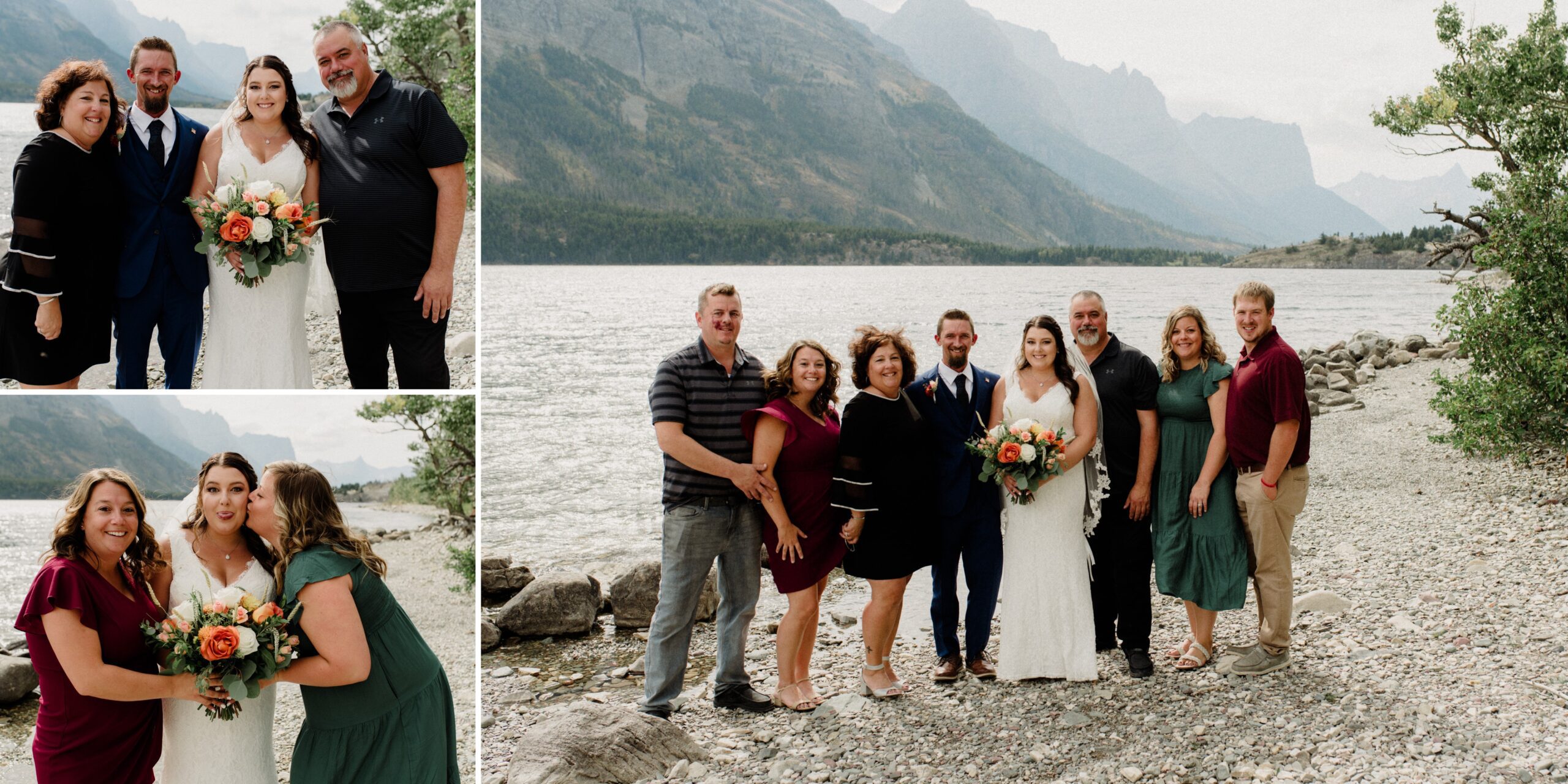 What is a micro wedding? Bride and groom exchange vows on Glacier National Park lake while two guests on either side watch.