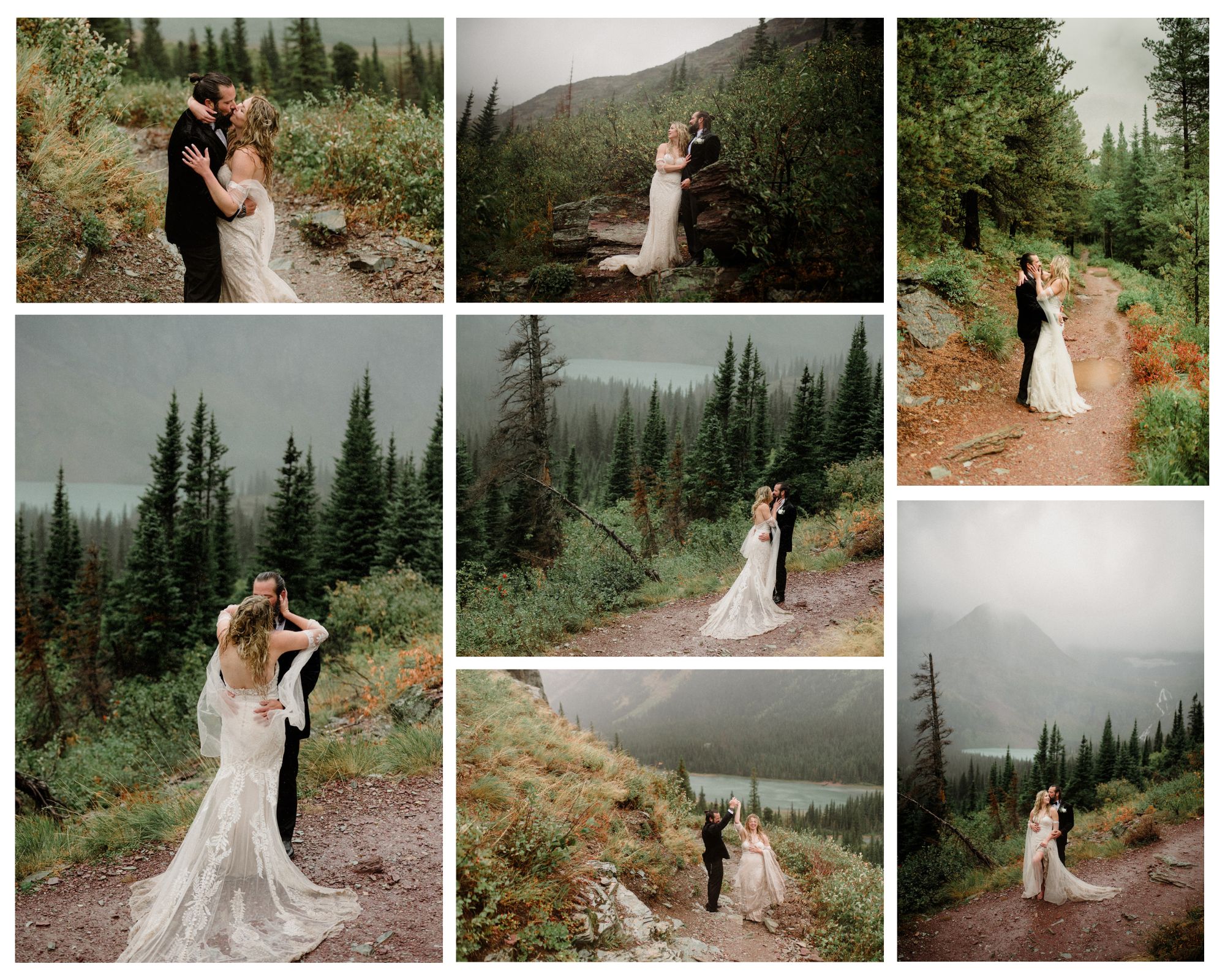 What is a micro wedding? Having an elopement with a few close people! Collage photo of bride and groom on moody, rainy wedding day.