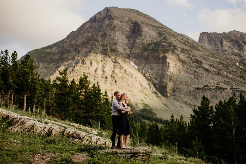 Glacier National Park engagement session in Many Glacier with big mountain views. 