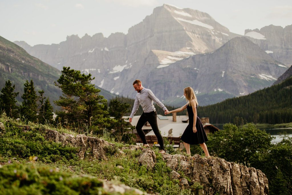 Glacier National Park engagement session in Many Glacier with big mountain views. 