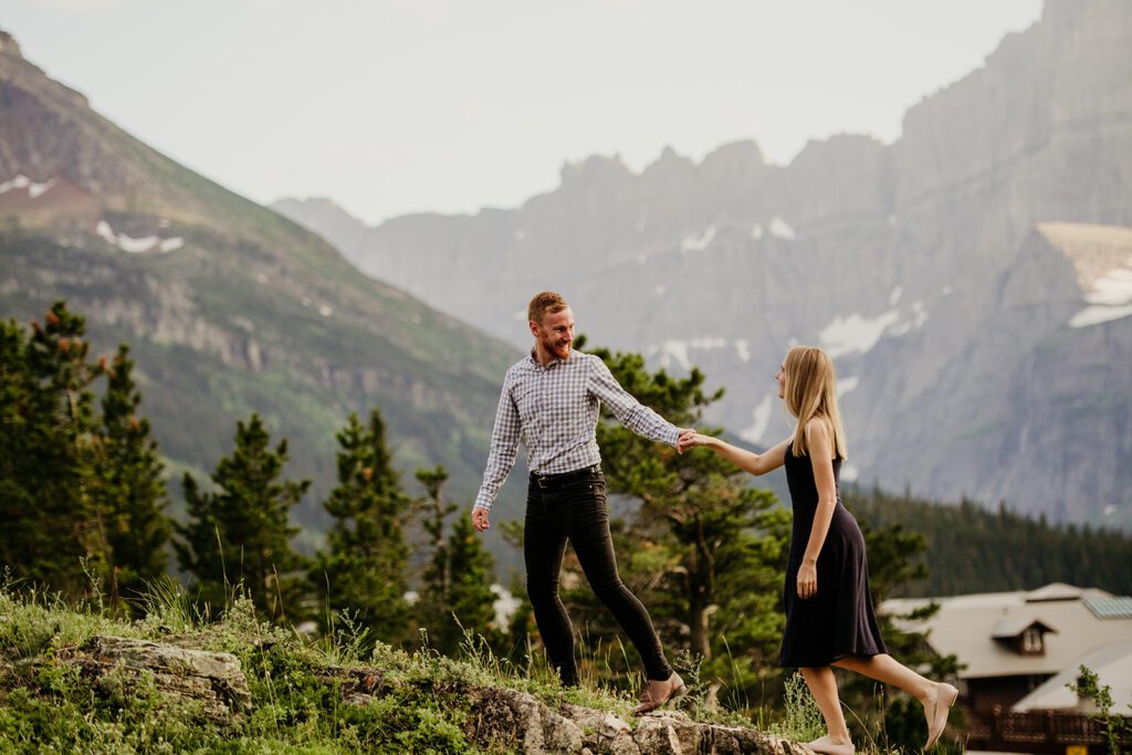 Glacier National Park engagement session in Many Glacier with big mountain views. 