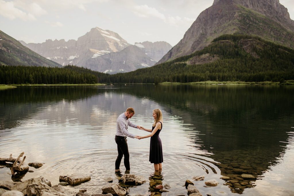 Glacier National Park engagement session in Many Glacier with big mountain views. 