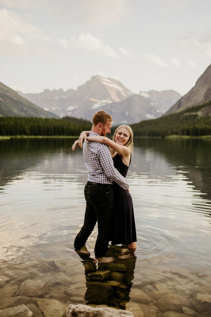 Glacier National Park engagement session in Many Glacier with big mountain views. 