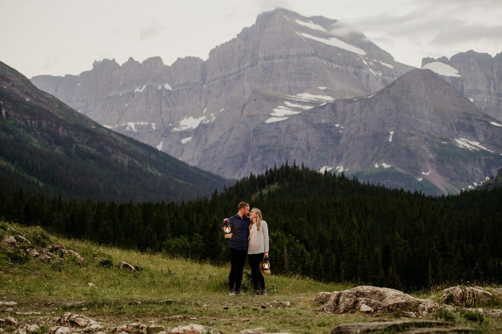 Glacier National Park engagement session in Many Glacier with big mountain views. 