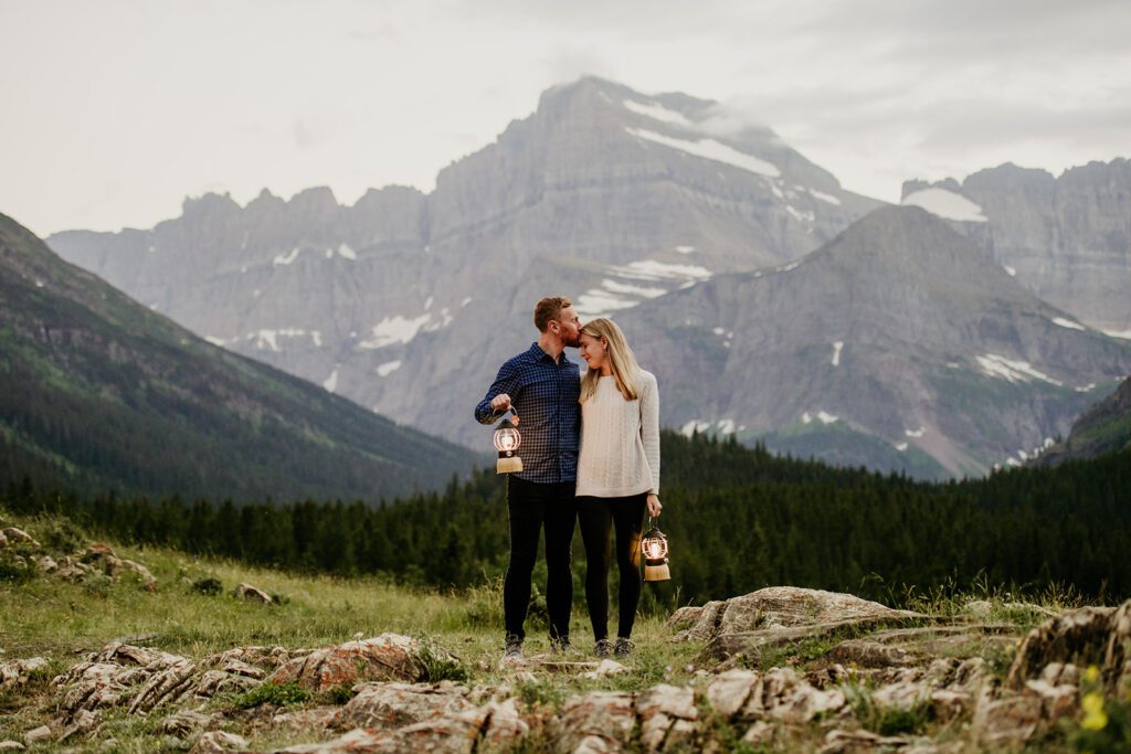 Glacier National Park engagement session in Many Glacier with big mountain views. 