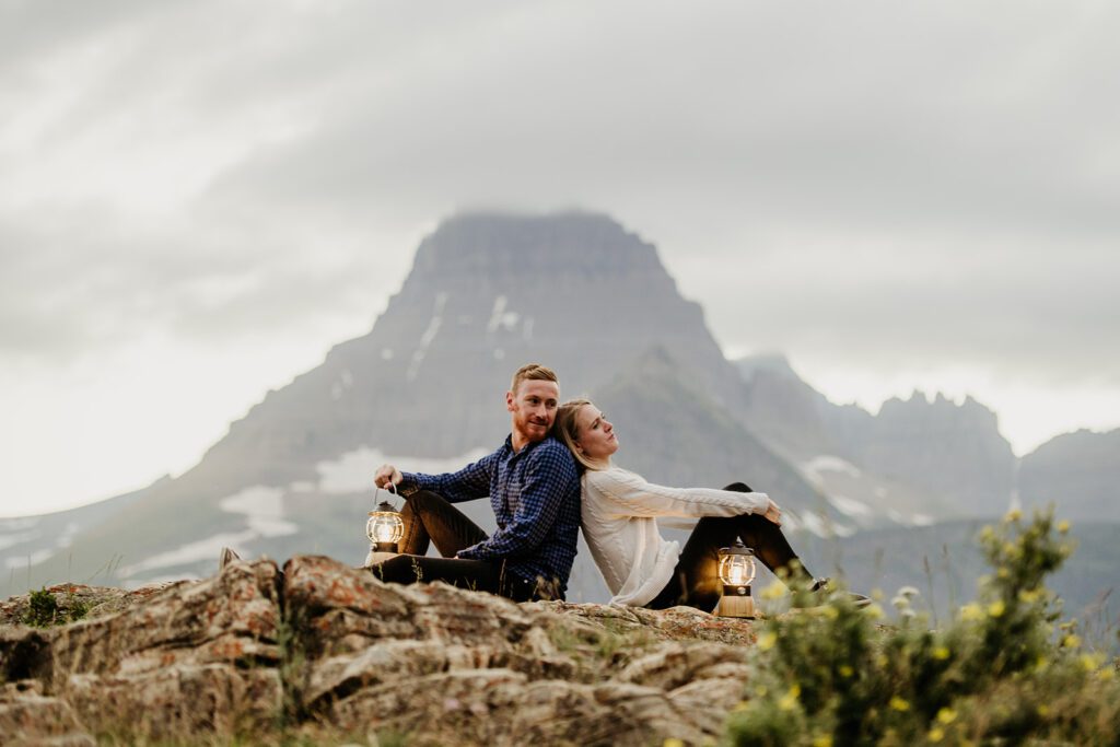 Glacier National Park engagement session in Many Glacier with big mountain views. 