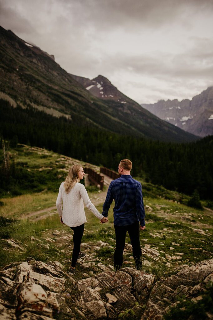 Glacier National Park engagement session in Many Glacier with big mountain views. 