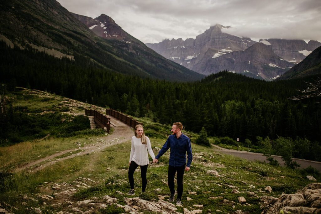 Glacier National Park engagement session in Many Glacier with big mountain views. 