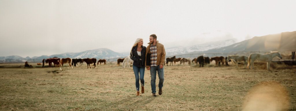 dreamy Montana engagement session with horses, Bozeman engagement session with a western theme
