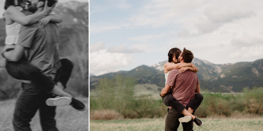 engagement session in Bozeman with mountain views, aspen trees, and candid engagement session photos