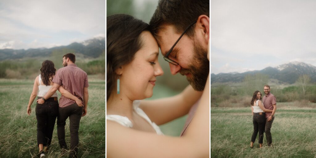 engagement session in Bozeman with mountain views, aspen trees, and candid engagement session photos