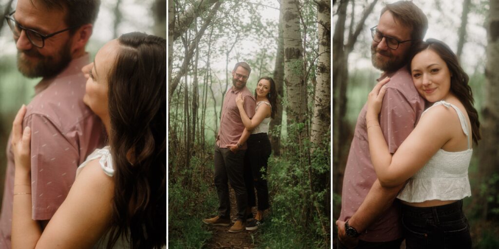 engagement session in Bozeman with mountain views, aspen trees, and candid engagement session photos