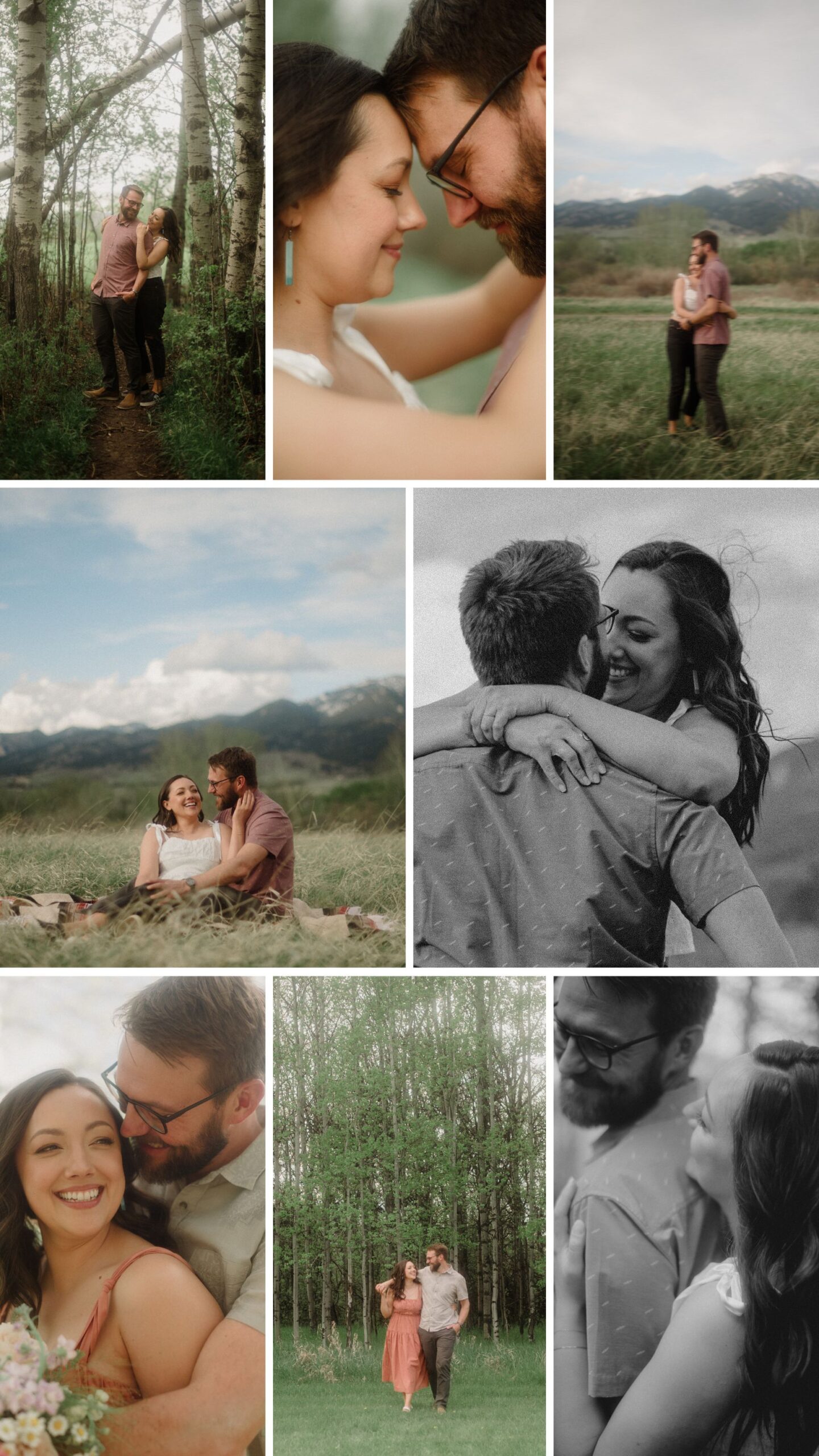 engagement session in Bozeman with mountain views, aspen trees, and candid engagement session photos