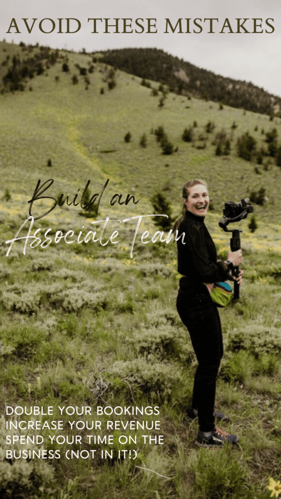 Photographer laughing while holding a camera with green rolling hills. Copy reads: Avoid these mistakes when building an associate photographer team.