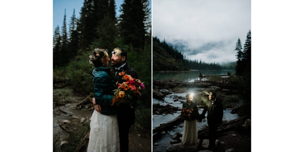 An Adventure Elopement Gear for Photographers, couple in headlamps hiking.