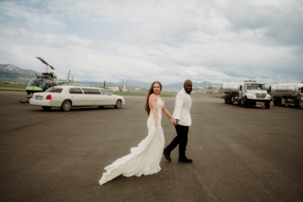 The ultimate helicopter wedding in Montana! From a stretch limo to stunning mountain views, this Bozeman adventure is a dream come true.