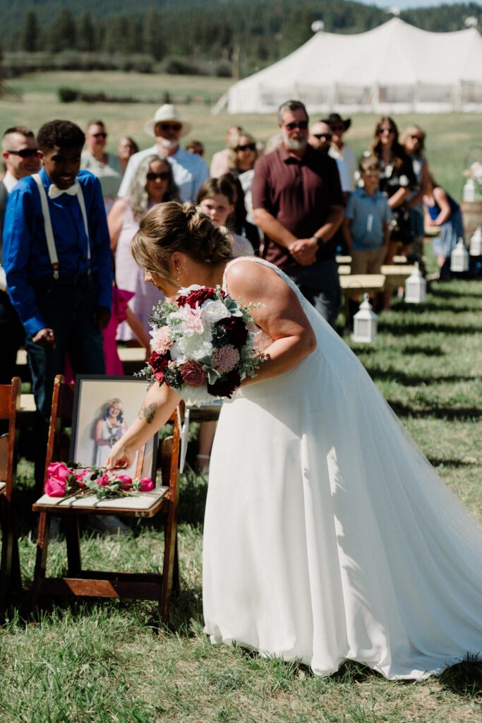 A stunning Little Smith Creek Ranch wedding in the Bitterroot Valley with breathtaking views, heartfelt moments, and a charming rustic theme. Best way to memorialize a dead parent at a wedding.