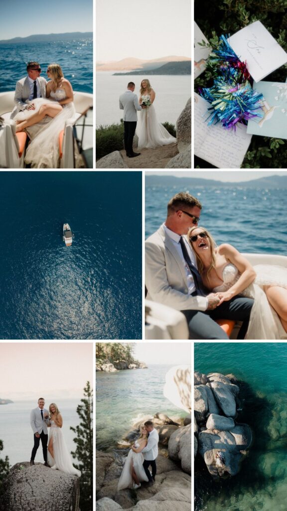 Collection of wedding photos of a couple in Lake Tahoe, California with water vews.