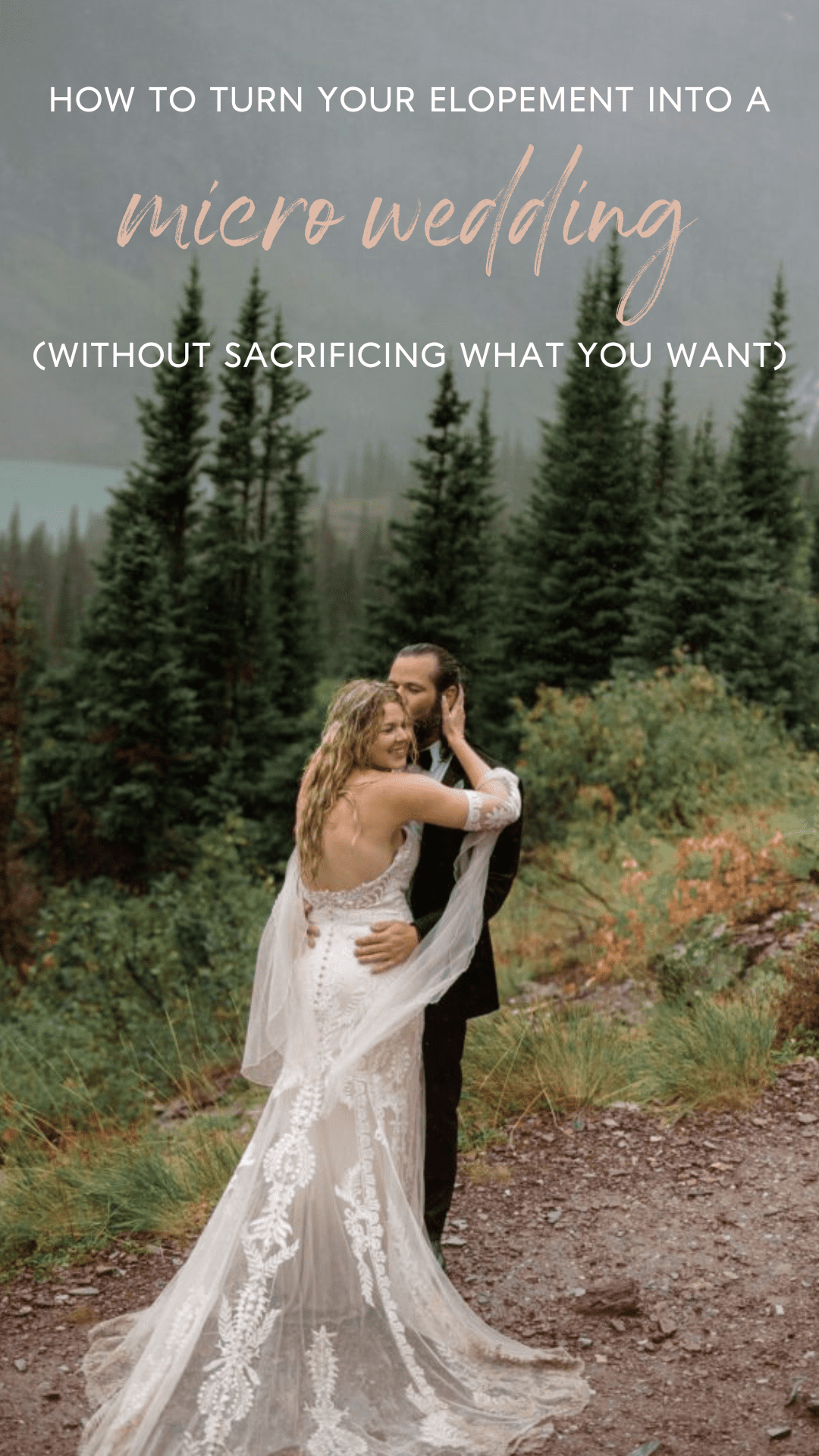 What is a micro wedding and how to turn your elopement into a micro wedding. Photo of groom kissing bride surrounded by trees.