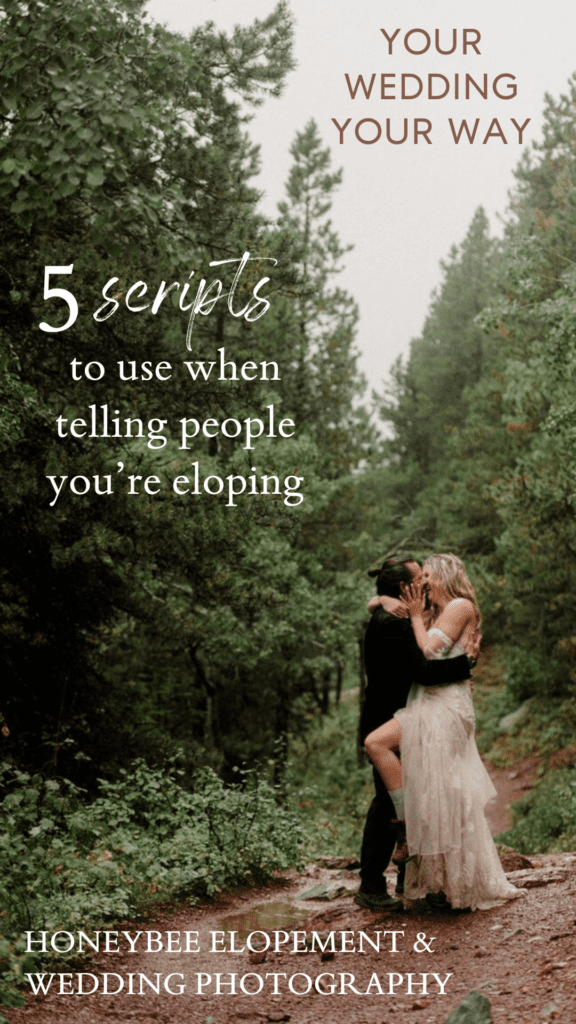 Scripts to tell friends and family that you’re eloping and advice from our actual couples! Eloping couple embracing in the woods.