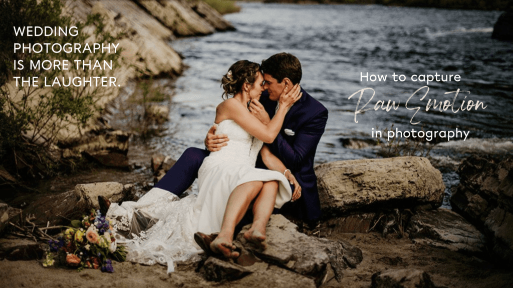 Favorite wedding photography photos include a bride and groom cuddled together on the edge of a river.