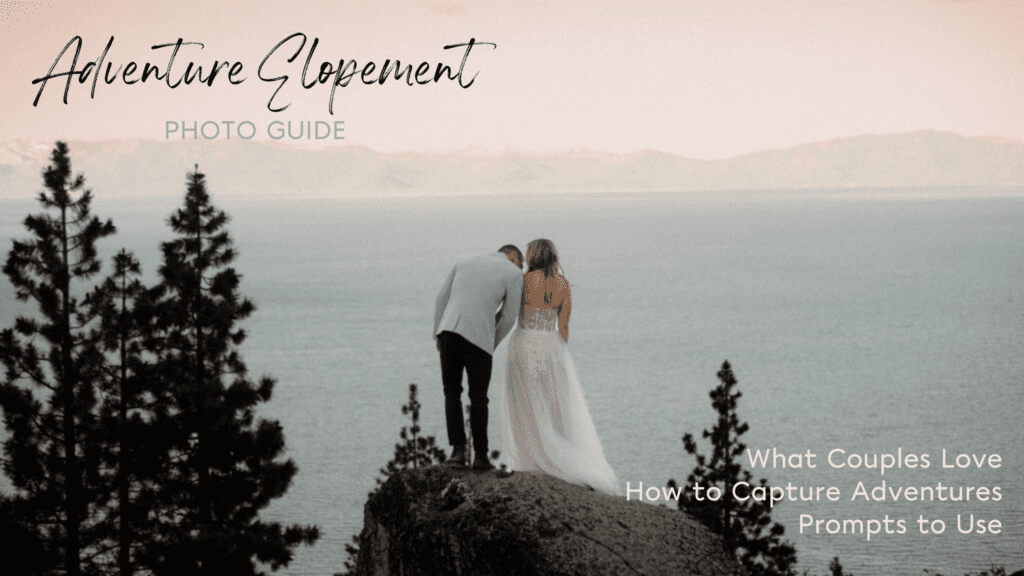 On our list of favorite wedding photography photos is a bride and groom on a cliff overlooking Lake Tahoe, the photo is behind and the groom is leaning over the bride.