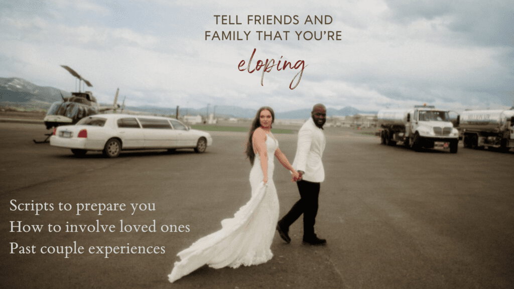 Scripts to tell friends and family that you’re eloping and advice from our actual couples! Eloping couple looking back and smiling with a limo and helicopter in the background