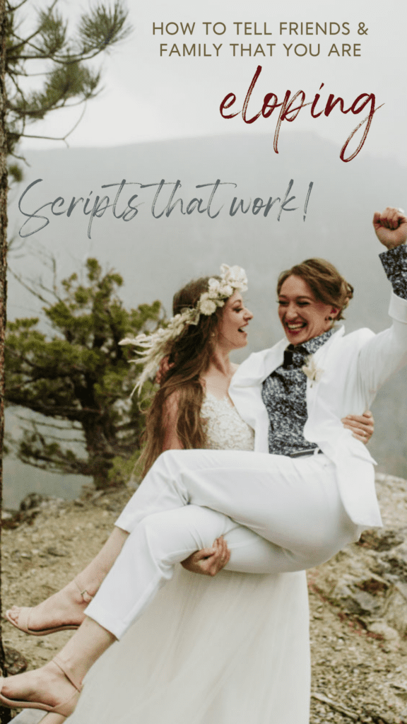 Scripts to tell friends and family that you’re eloping and advice from our actual couples! Eloping lesbian couple celebrating their marriage.