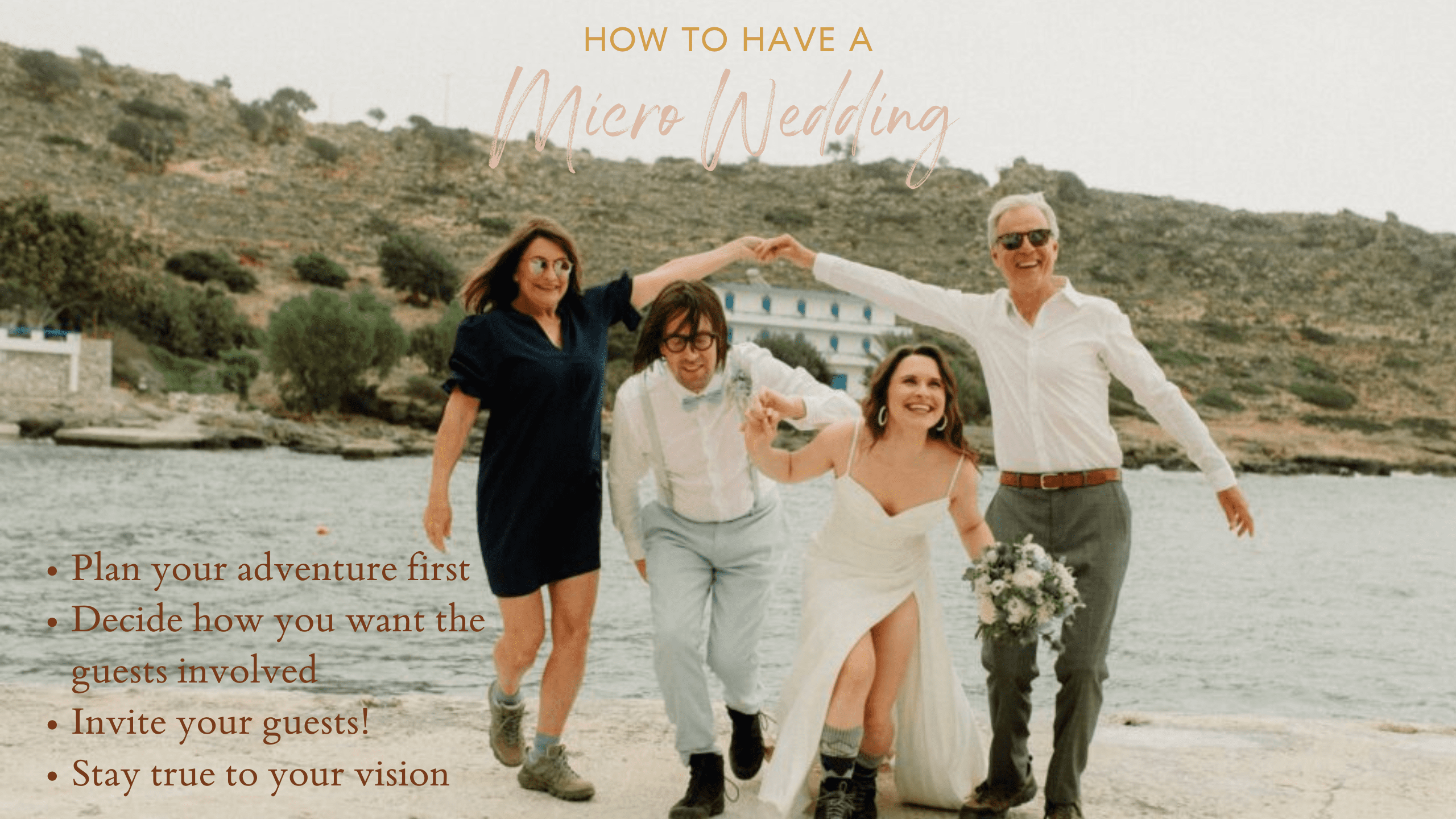 What is a micro wedding and how to have one! Photo of two wedding guests holding hands high as bride and groom run through.