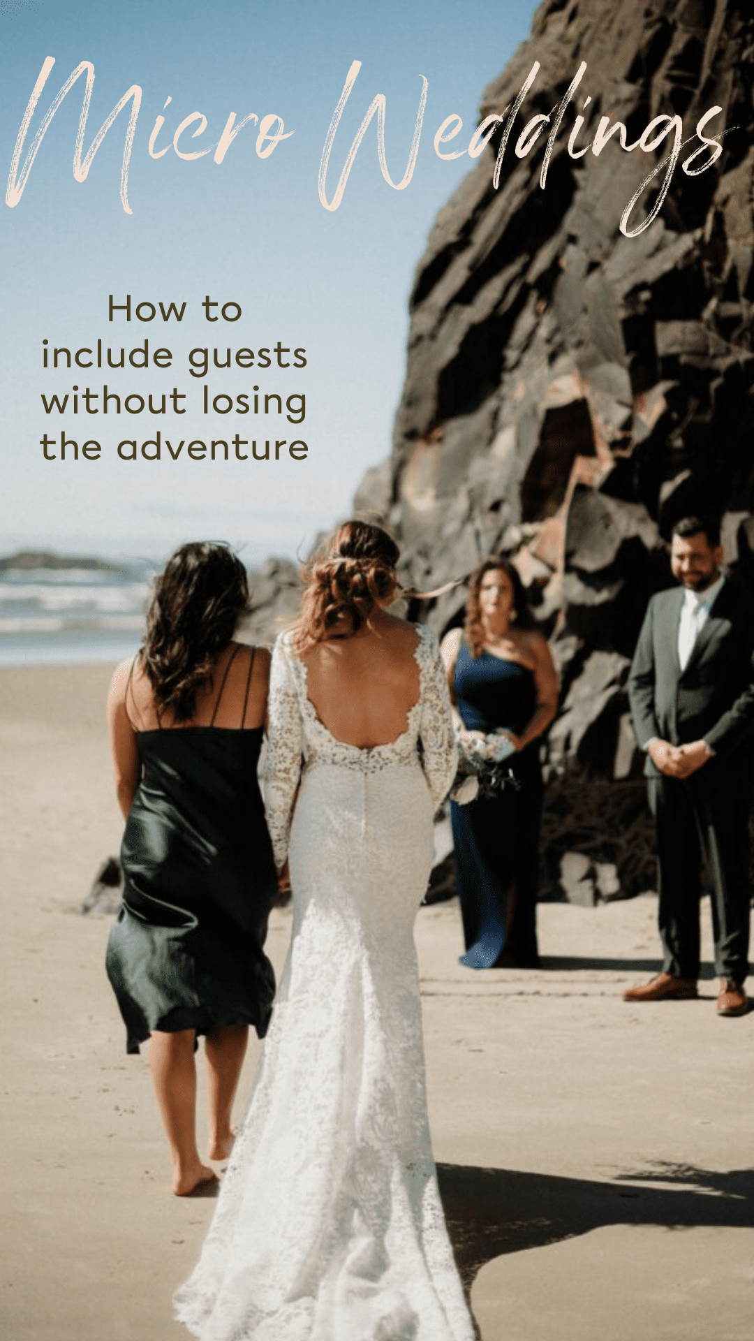 What is a micro wedding with family at Cannon Beach. Bride walking toward groom on the beach with cliff in background.