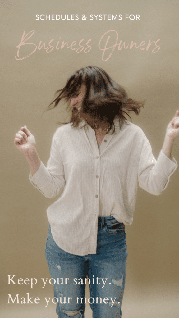 Schedules and systems are the key for how to keep your sanity as a business owner. Photo of businesswoman in jeans and a white shirt half tucked in while her head is turning in a dance move.