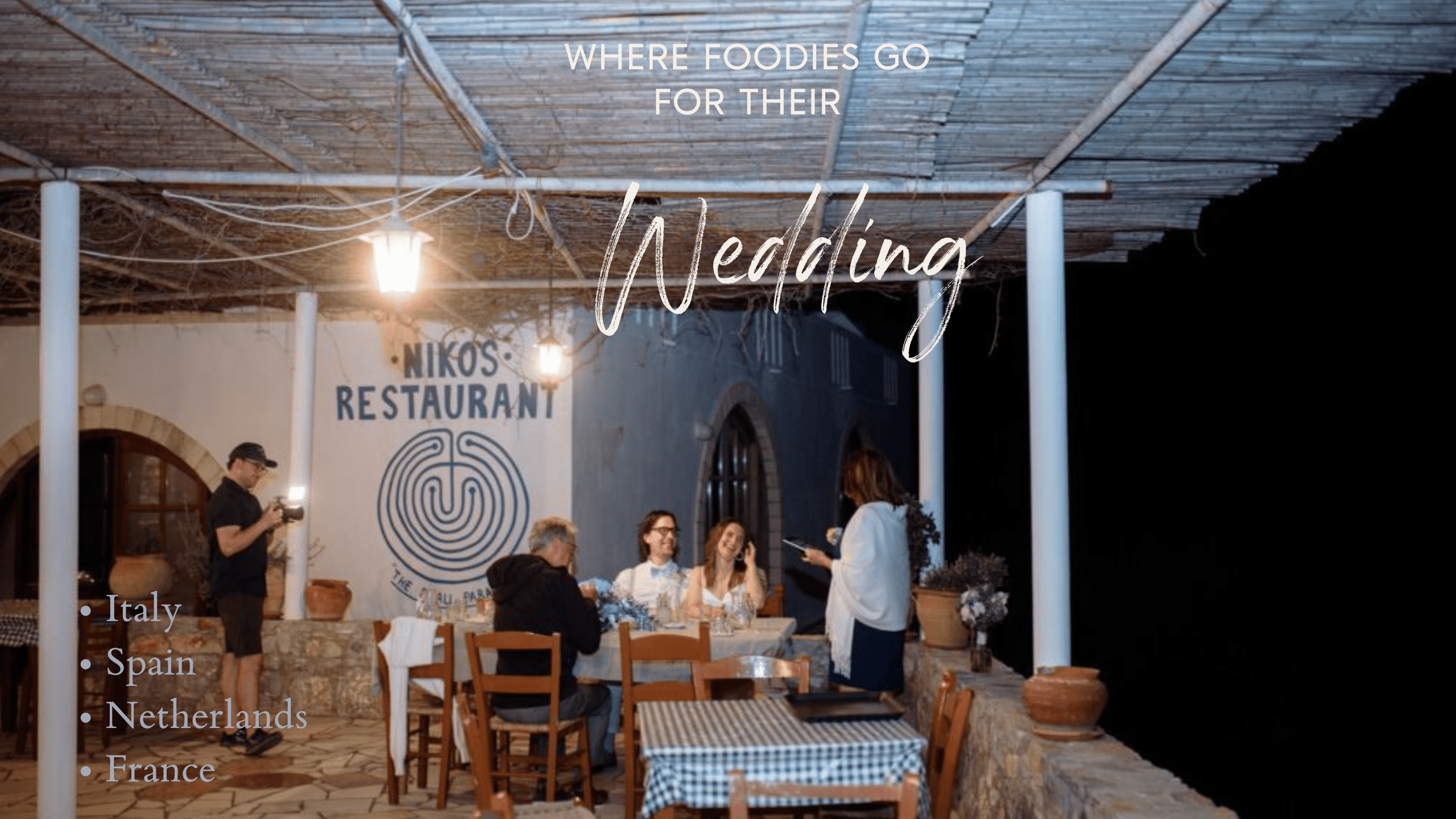 Best wedding destination for foodies, couple in Europe celebrating their wedding over dinner.