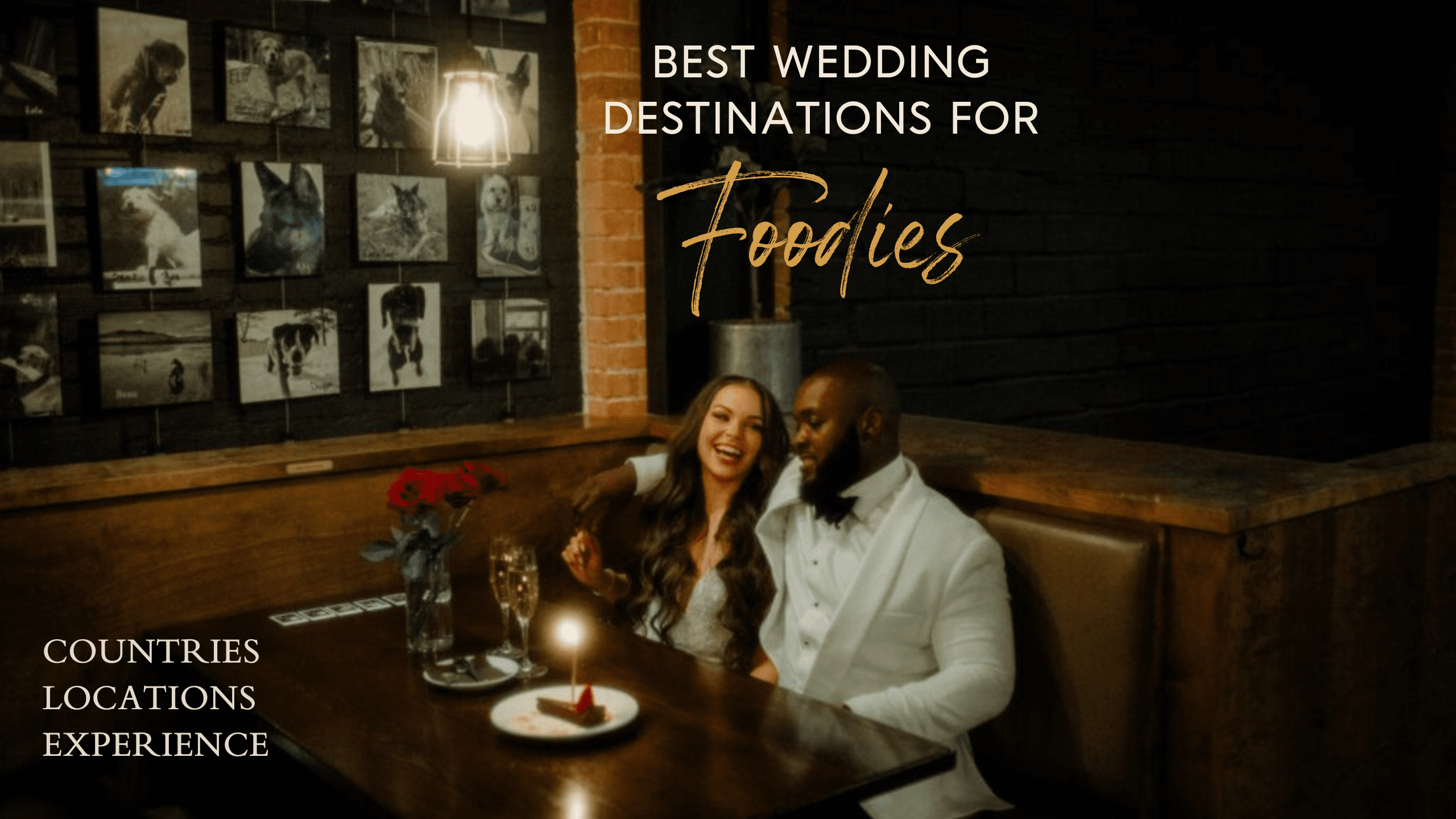 Best wedding destination for foodies includes countries, locations, and an experience. Wedding couple at a restaurant table with a piece of cake and a candle.