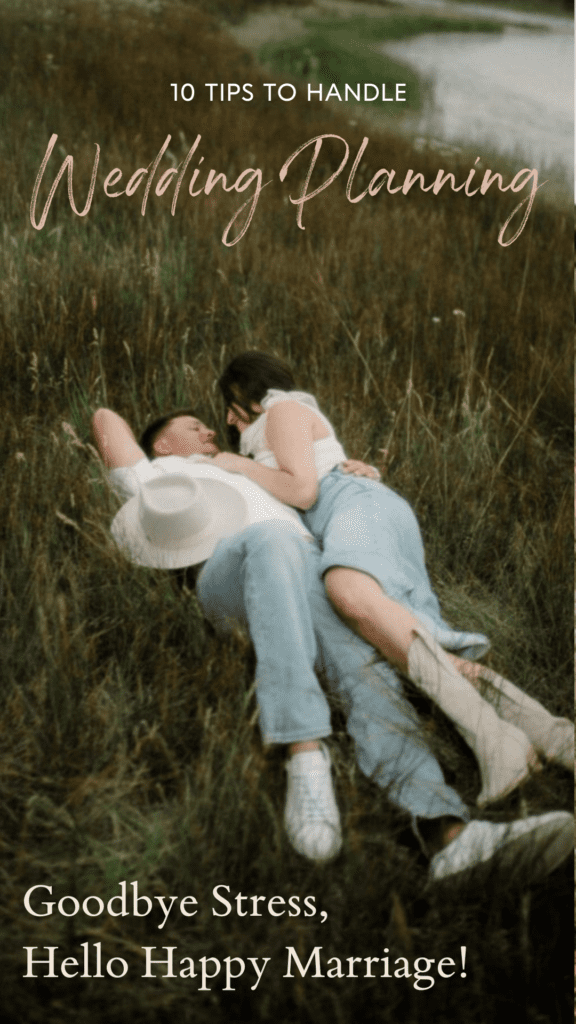 Deal with Wedding Stress, couple laying in a field in engagement bliss.