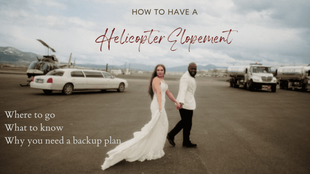 Have a helicopter elopement, couple walking the runway with limo and helicopter in the background.