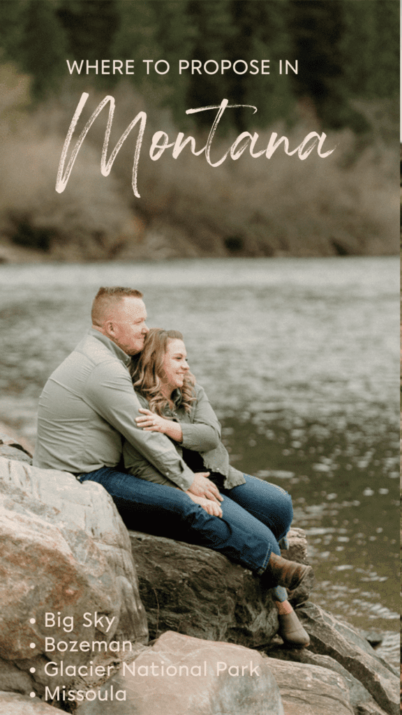 How to Propose in Montana. Best spots include Big Sky, Bozeman, Glacier National Park, and Missoula. Couple sitting on rock looking at the lake.