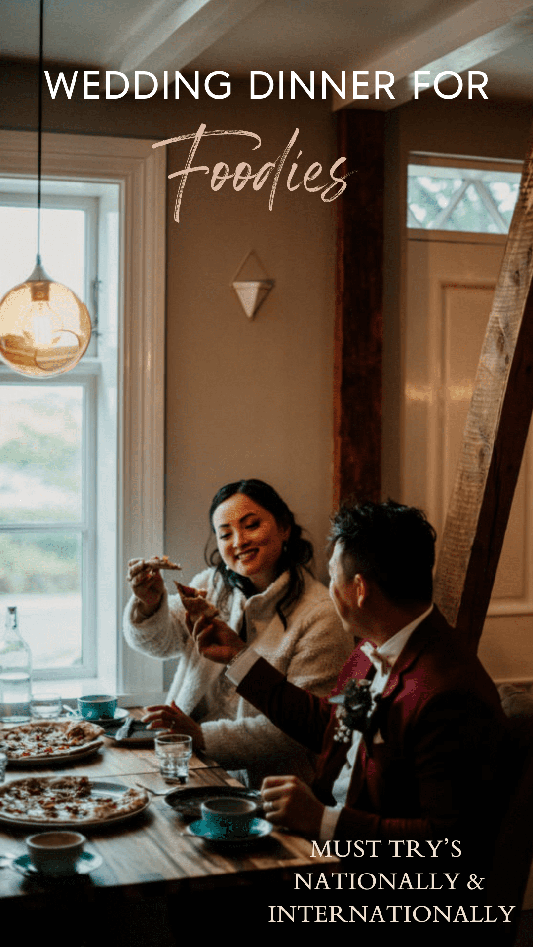 Best wedding destination for foodies, couple cheersing with pizza slices after their wedding. 