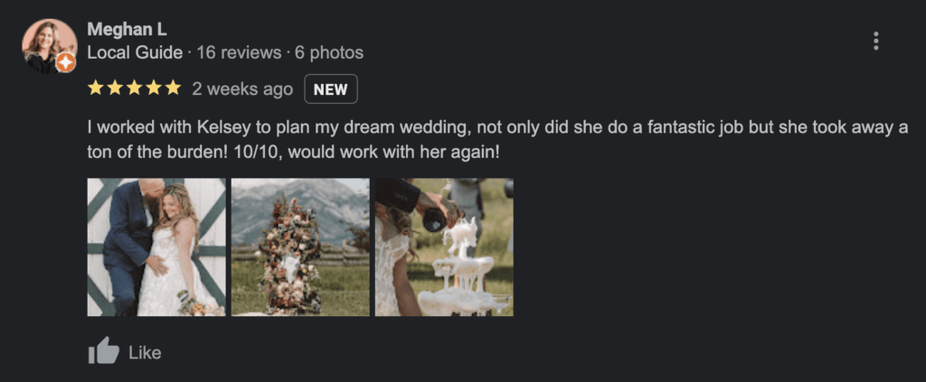 make more money as a wedding photographer by using social proof. Screenshot of a positive review.