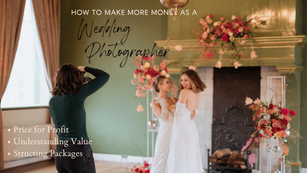 make more money as a wedding photographer, photographer capturing beautiful lesbian ceremony surrounded by shades of pink flowers.
